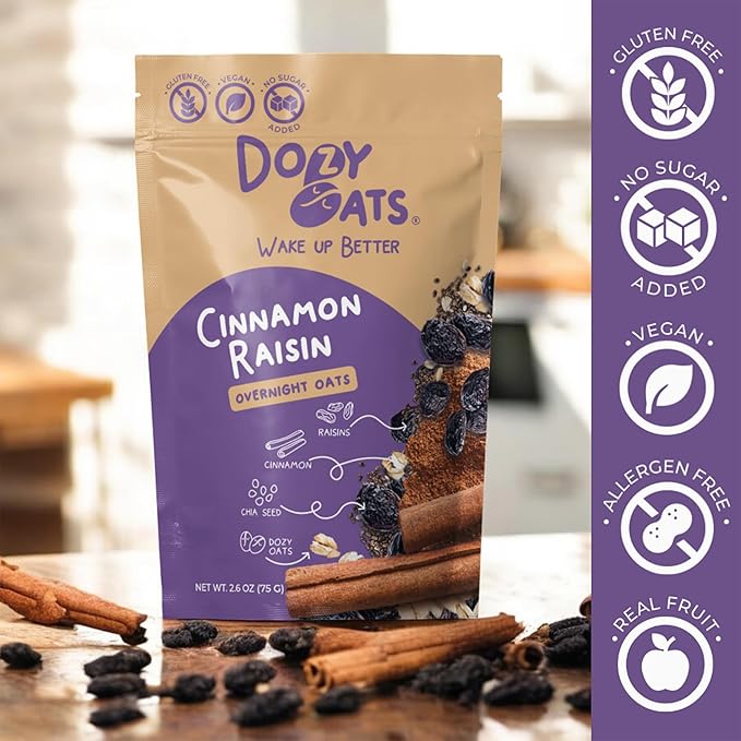 Dozy Oats Overnight Oatmeal Packets Cinnamon Raisin Multipack with Rolled Oats Chia Seeds Date Powder Cinnamon and Raisins. Gluten-Free Natural Source of Protein and Fiber 16-Pack