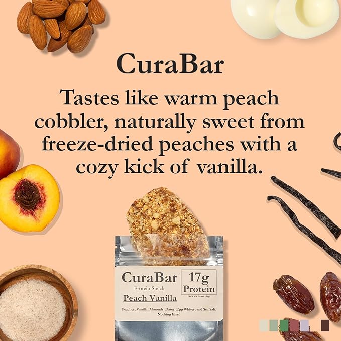 CuraBar Protein Bars – 17g Protein Low Carb Gluten Free Dairy Free Healthy Snack Seed Oil Free No Artificial Ingredients 12 Count Peach Vanilla