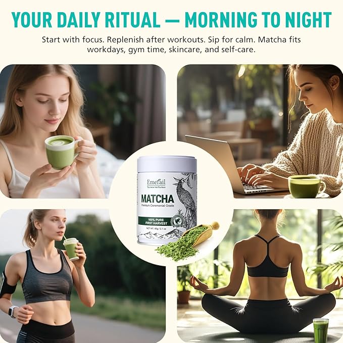 Emerail Ceremonial Grade Matcha Green Tea Powder Premium First Harvest Unsweetened 100% Pure Matcha for Lattes Smoothies and Baking (60g / 2.1oz)