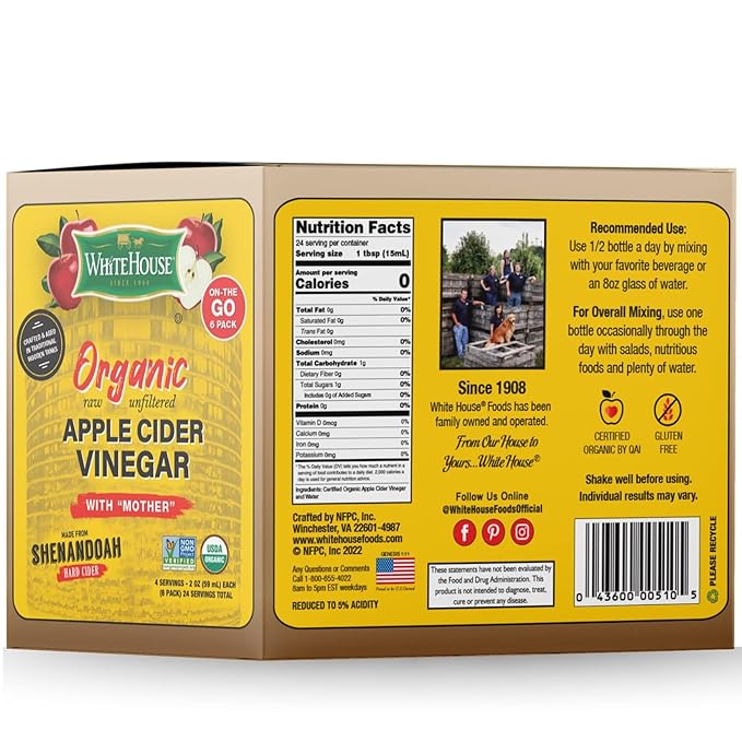 White House Organic Apple Cider Vinegar Shots Raw Unfiltered On the Go (Organic Pack of 24)