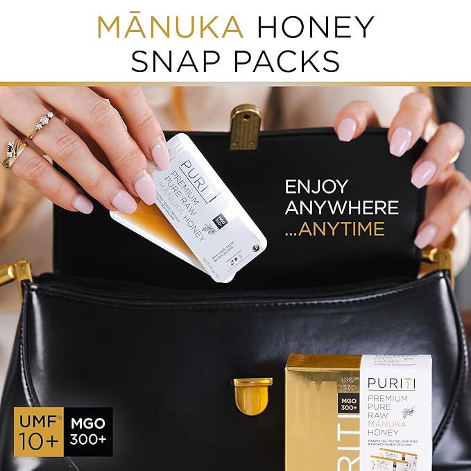 PURITI Genuine Raw Manuka Honey Snaps On The Go - UMF 10+ (MGO300+) 21 x 0.18oz Individual Snap Packets Single Serve Honey Sticks for Tea Travel &amp Snacks Certified Authentic Made in New Zealan