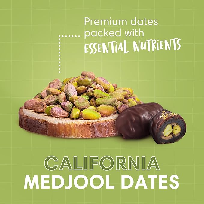 DORREL - Belgian Dark Chocolate Covered Dates (Medjool) with Pistachio Stuffing High Energy Vegan Choco Snack Delicious Kosher &amp Non-GMO Pack of 3 Stuffed Chocolate Dates 7.05 oz / 200 g Ea