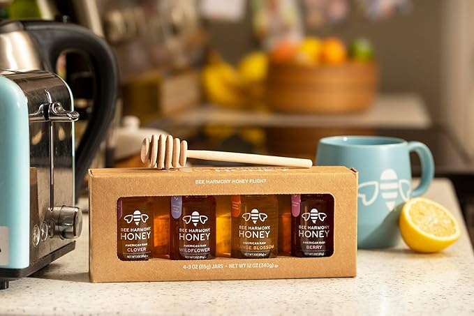 Bee Harmony Classic Honey Flight Mini Honey Gift Set 4 Jars 3 OZ Each Premium Raw Made in the USA