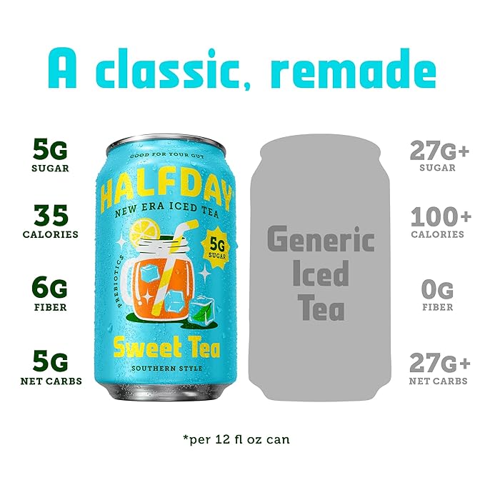 HALFDAY Prebiotic Sweet Tea Iced Tea Cans Supports Digestive &amp Gut Health 6g Plant Fiber &amp Prebiotics 5g of Sugar 35 Calories Organic Tea Natural Caffeine Gluten Free Keto 12 fl oz (1