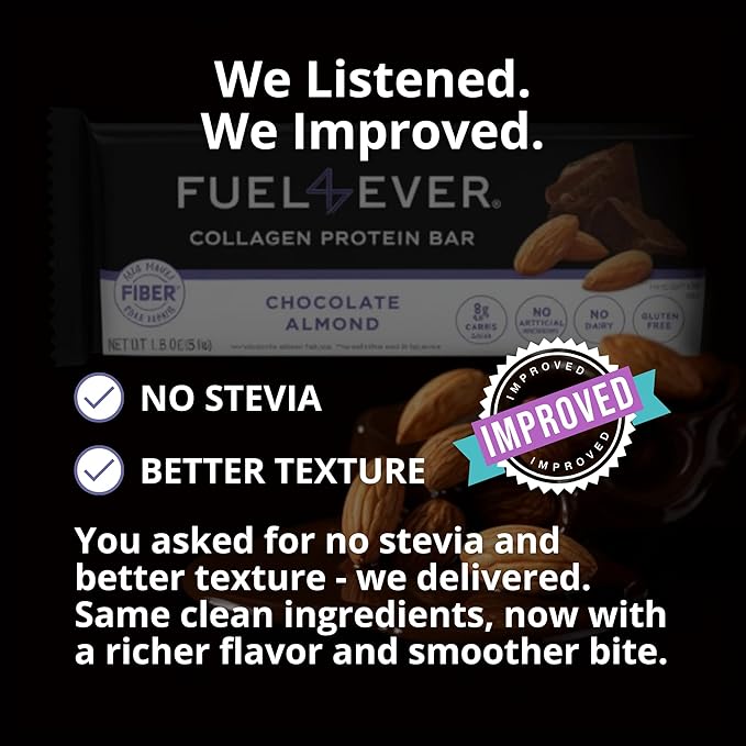 Fuel 4 Ever Collagen Protein Bars | 14G Protein Gluten Free Dairy Free No Stevia or Artificial Ingredients Added Sweetened with Honey | Chocolate Almond Flavor (Box of 12)