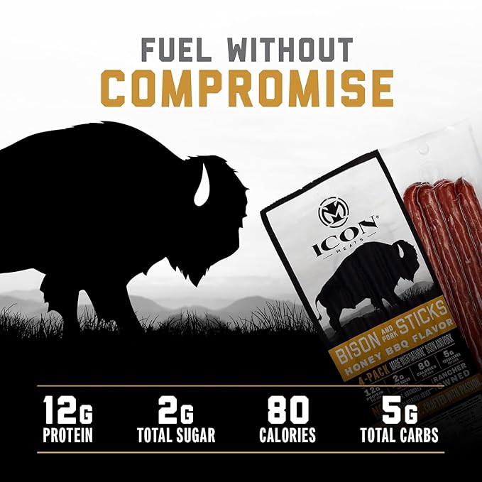 ICON Meats Bison and Pork Snack Sticks Honey BBQ 6 Pack High Protein Snacks 4 Meat Sticks per Pack Low Sugar Gluten Free Natural USDA Inspected Made in the USA Gifts for Him