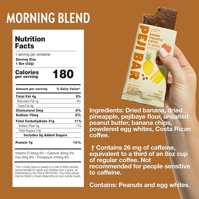 PEJI BAR Superfood Energy Bars | Morning Blend Banana Pineapple Coffee Flavor | Gluten Free 7g Protein Fiber Whole Ingredients No Sugar Added | Adventure Ready Snack 12 Count