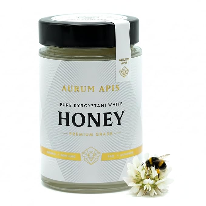 Aurum Apis Raw Kyrgyzstani White Honey 100% Raw &amp Unfiltered Pure Honey Hand Harvested Organic Honey Non-GMO Unprocessed Thick Honey with Creamy Texture Delicate Flavor &amp Aroma – 500g Hon