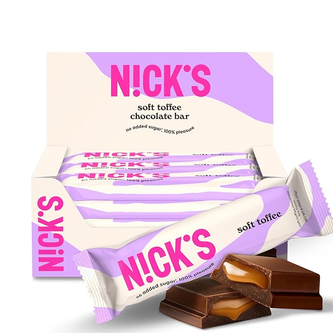 NICKS Soft Toffee Chocolate Candy Bar with Caramel Sauce Without Added Sugar110 Calories 3.5 Net Carbs Gluten Free Low Carb Candy – 15-Pack (28g Each)