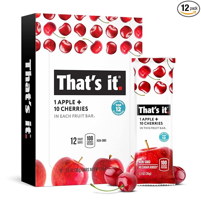 That's it. Apple + Cherry 100% Natural Real Fruit Bar Best High Fiber Vegan Gluten Free Healthy Snack Paleo for Children &amp Adults Non GMO No Sugar Added No Preservatives Energy Food (12 Pack)