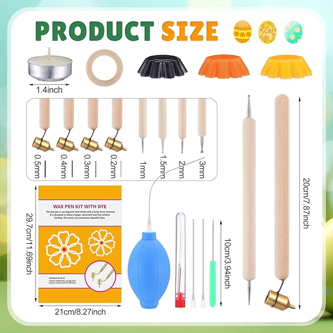 Blushtier 18 Pcs Pysanky Supplies Ukrainian Easter Egg Decorating Kit-0.2 0.3 0.4 0.5mm Kistka Pen Drop Pull Tool Stand Beeswax Candle Egg Blower and Instructions for Color Easter Eggs DIY Supply