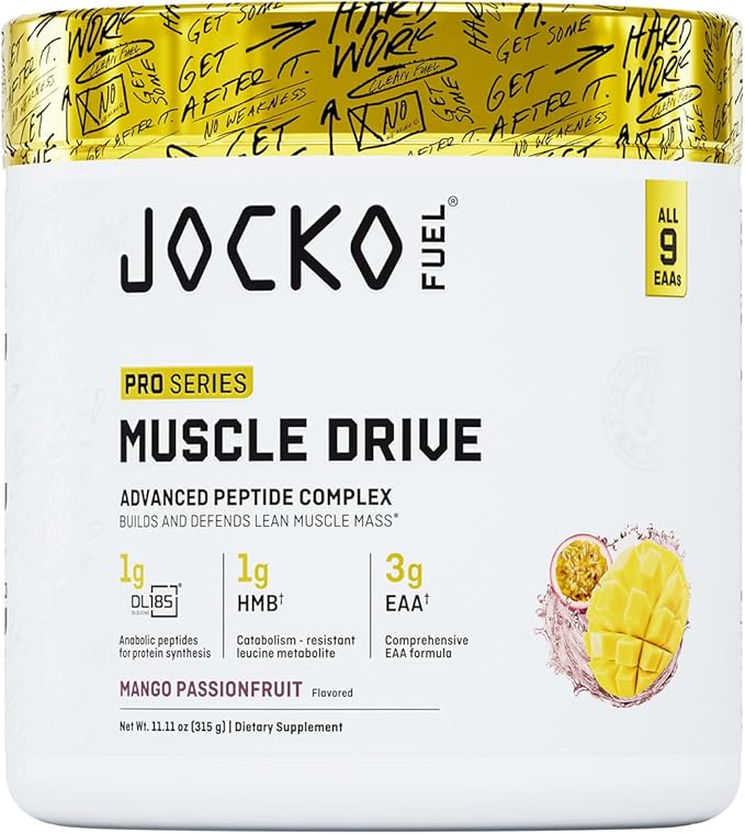 Jocko Fuel Muscle Drive Pro Series Mango Passionfruit HMB Di-Leucine EAAs Protects Lean Muscle Mass &amp Breakdown Aids Recovery Natural Appetite Suppressant No Bloat Zero Sugar 30 Servings