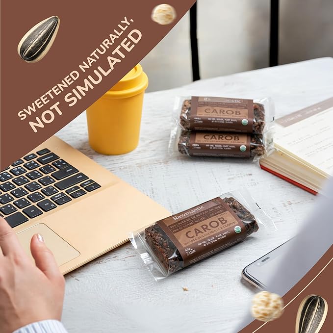 Rawmantic Carob Energy Bar (12 Mini Bars x 60g) – Raw Organic Carob Powder Puffed Quinoa Sorghum Millet &amp Buckwheat - No Artificial Flavors Plant-Based Non-GMO &amp Kosher Guilt-Free Snacks