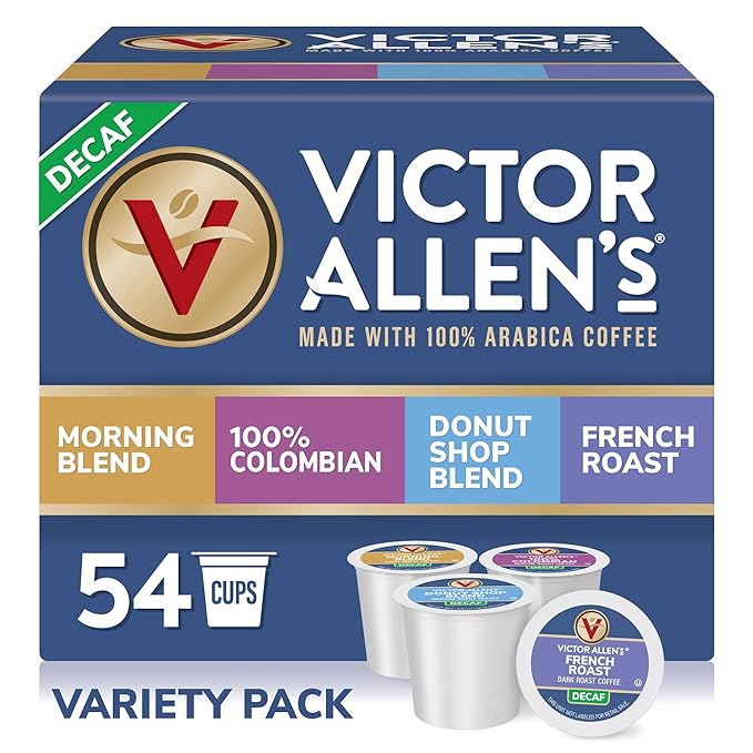 Victor Allen's Coffee Decaf Coffee Variety Pack (Decaf Donut Shop Blend Morning Blend French Roast 100% Colombian) 54 Count Single Serve Coffee Pods for Keurig K-Cup Brewers