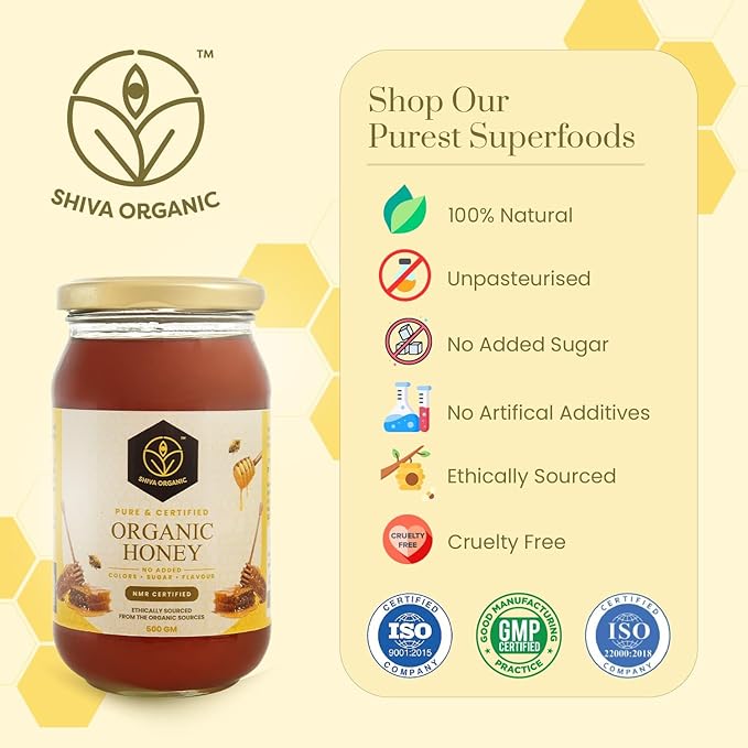 Shiva Organic's NPOP Organic Certified Honey - NMR Tested Natural Honey No Added Sugar Flavorful - 17.63 ounces (500g)
