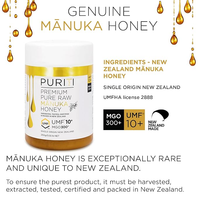 PURITI Manuka Honey MGO 300+ / UMF 10+ | 100% Pure Genuine Raw Manuka Honey | 8.8 Oz / 250g | Harvested Tested Certified and Packed in New Zealand