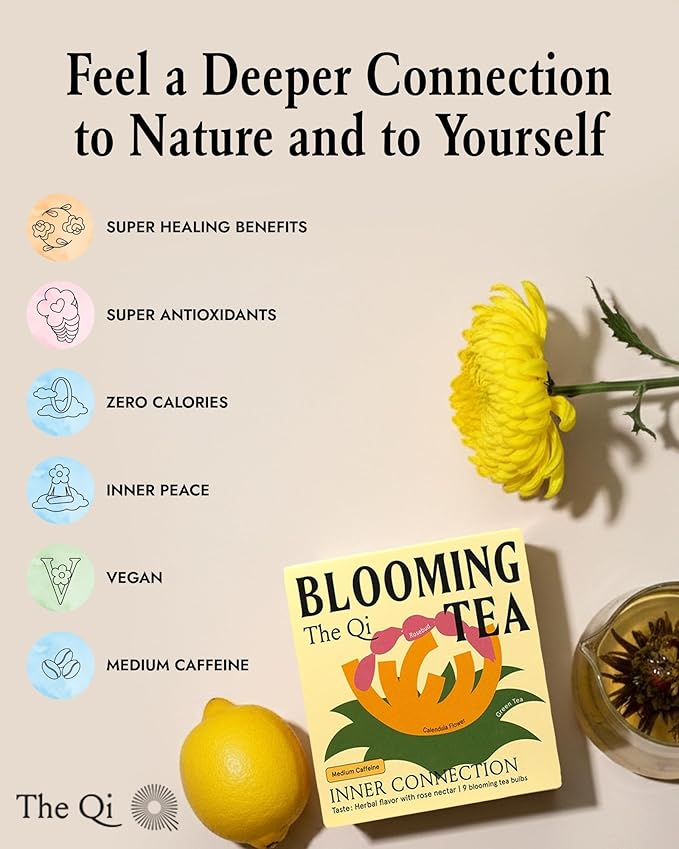 The-Qi Inner Connection Calendula &amp Rose Blooming Flower w/Green Tea – 9 Pcs Handpicked All Natural Blooming Flower Tea – The Qi Gift Set for Relaxation &amp Wellness – Makes 27 Cups