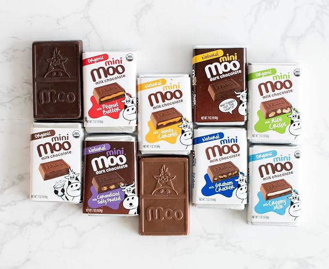 Moo Chocolates All Natural Milk Chocolate Mini Bars with Graham Cracker 0.7 oz 14 ct (Pack of 1) | 100 Calorie Snacks for On-the-Go Lunchboxes Office