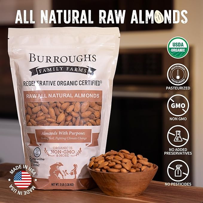 Burroughs Family Farms 3 lb USDA Organic Raw Almonds – First Regenerative Organic Certified Farm – Gluten-Free Non-GMO Vegan Paleo &amp Keto-Friendly Almond Nuts – High in Protein &amp Nutrients