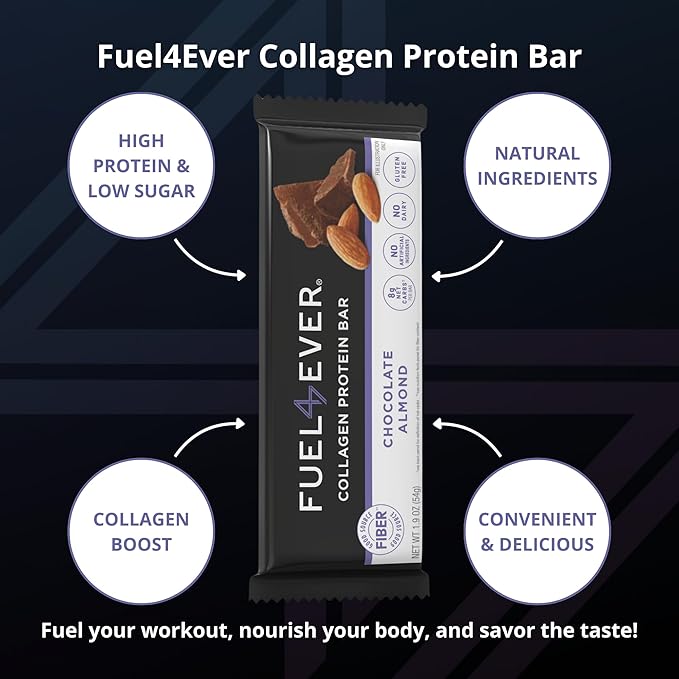 Fuel 4 Ever Collagen Protein Bars | 14G Protein Gluten Free Dairy Free No Stevia or Artificial Ingredients Added Sweetened with Honey | Chocolate Almond Flavor (Box of 12)