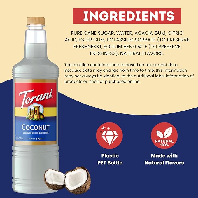 Torani Coconut Syrup 1 Liter Bottle with Pump – Premium Drink Flavoring Made with Pure Cane Sugar &amp Natural Flavors for Coffee Cocktails Smoothies &amp Desserts – Authentic Creamy Coconut Sweet