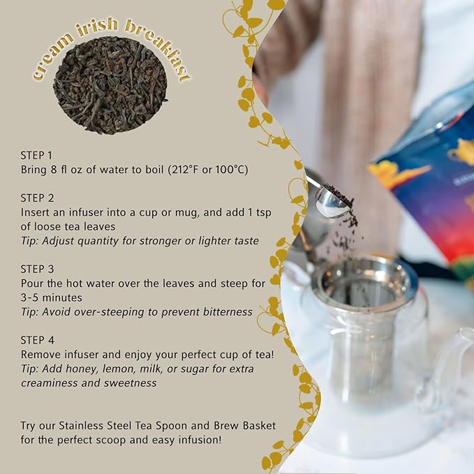 Cream Irish Breakfast Tea Loose Leaf Black Tea – Irish Classic with Caramel &amp Strong Assam – Robust Full-Bodied – Drink Hot or Iced – 4 oz Resealable Bag (Makes 50 Cups) – The Elegant Elephant