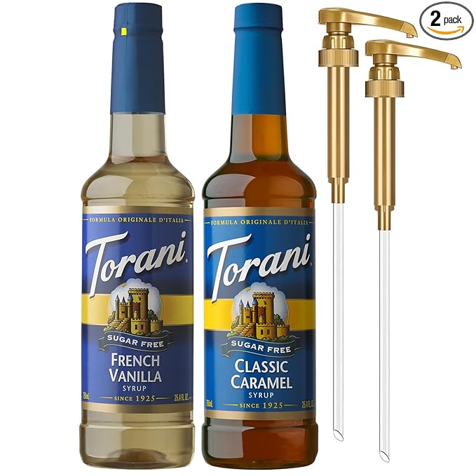 Torani Sugar Free Classic Caramel Syrup and Sugar Free French Vanilla Syrup Variety 2-Pack Coffee Syrups for Drinks Pumps Included 25.4 Fl Oz Ea