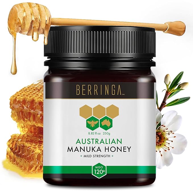 Berringa Manuka Honey Organic MGO 120+ Mild Strength Supports General Wellbeing &amp Digestive Balance - 100% Raw Pure &amp Unfiltered Sustainably Sourced from Australia - (8.82 oz)