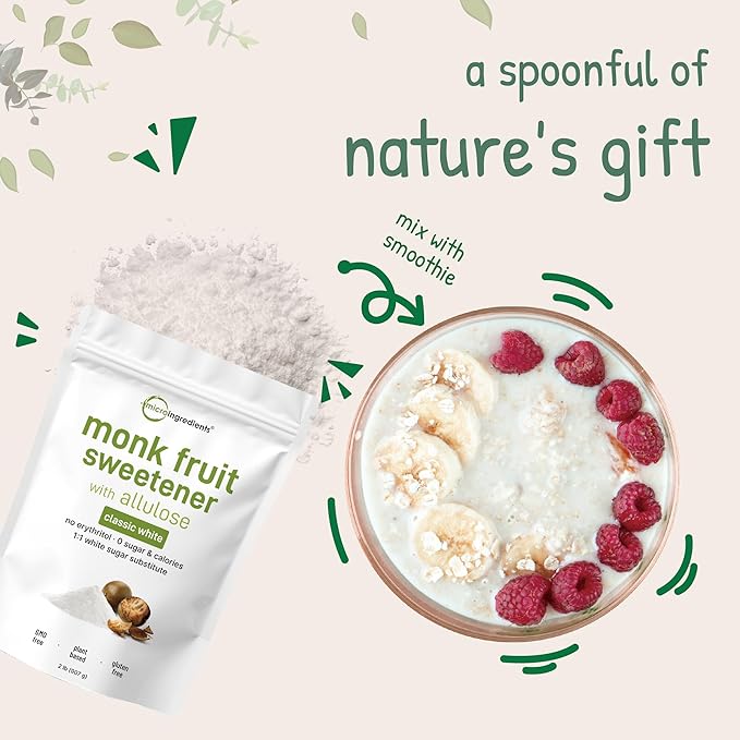 Monk Fruit Sweetener with Allulose 2 lbs | No Erythritol | No Aftertaste 1:1 White Sugar Substitute Keto &amp Vegan Friendly Zero Calorie | Great for Drinks Coffee Tea Cookies | Non-GMO