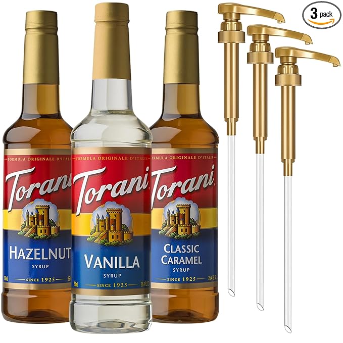 Torani Syrups Classic Caramel Hazelnut and Vanilla Syrup Variety 3-Pack Coffee Syrups for Drinks Pumps Included 25.4 Fl Oz Ea