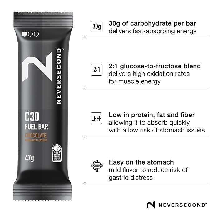 Neversecond C30 Fuel Bar Fast-Absorbing Carbs Never2 C30 Fuel Bars for Performance &amp Endurance Nutrition for Triathlons Cycling Running &amp Marathons (Chocolate Flavor 12-Count Pack)