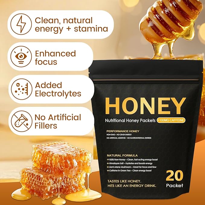 Nutrition Honey Packets Organic Honey Energy Packets with Green Tea Caffeine Himalayan Salt and Lion's Mane Mushroom Workout Gels for Exercise Running &amp Hiking 20 Pack