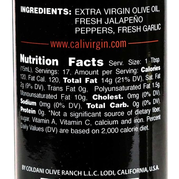 Calivirgin Jalapeno Garlic Flavored Olive Oil - Jalapeno Garlic Infused Extra Virgin Olive Oil - Cold Pressed Olive Oil - Jalapeno Olive Oil - No Preservatives Organically Grown Olives - 250ml