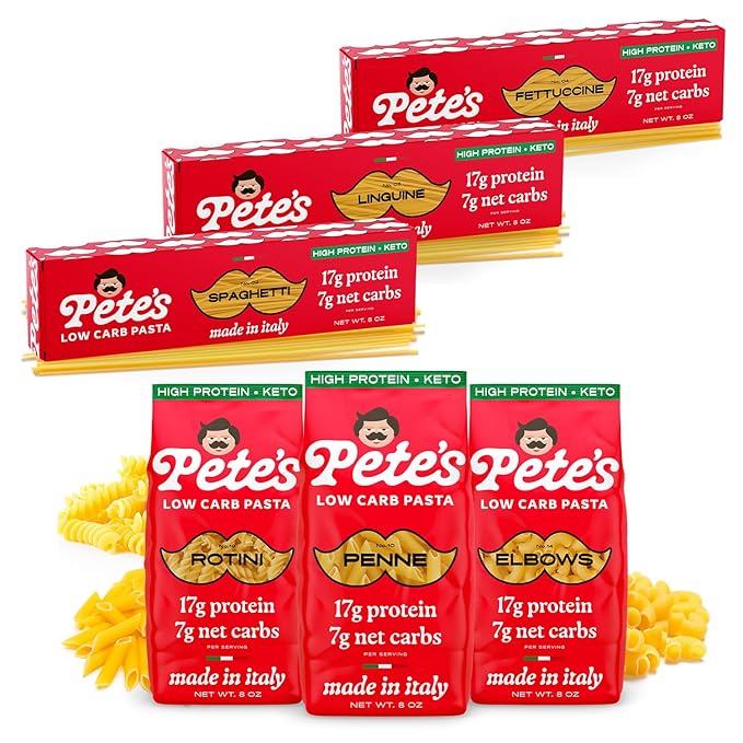 Pete's Pasta Variety Short (Penne Rotini Elbow) + Variety Long (Spaghetti Linguine Fettuccine) - Low Carb Pasta Protein Pasta - Authentic Italian Keto Pasta Noodles - Imported from Italy