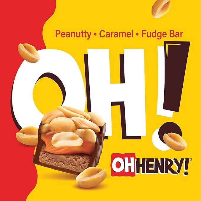 Oh Henry! Peanuty Caramel Fudge Bar Full Size Individually Wrapped Candy Bars 1.5oz each Bulk 24 Pack