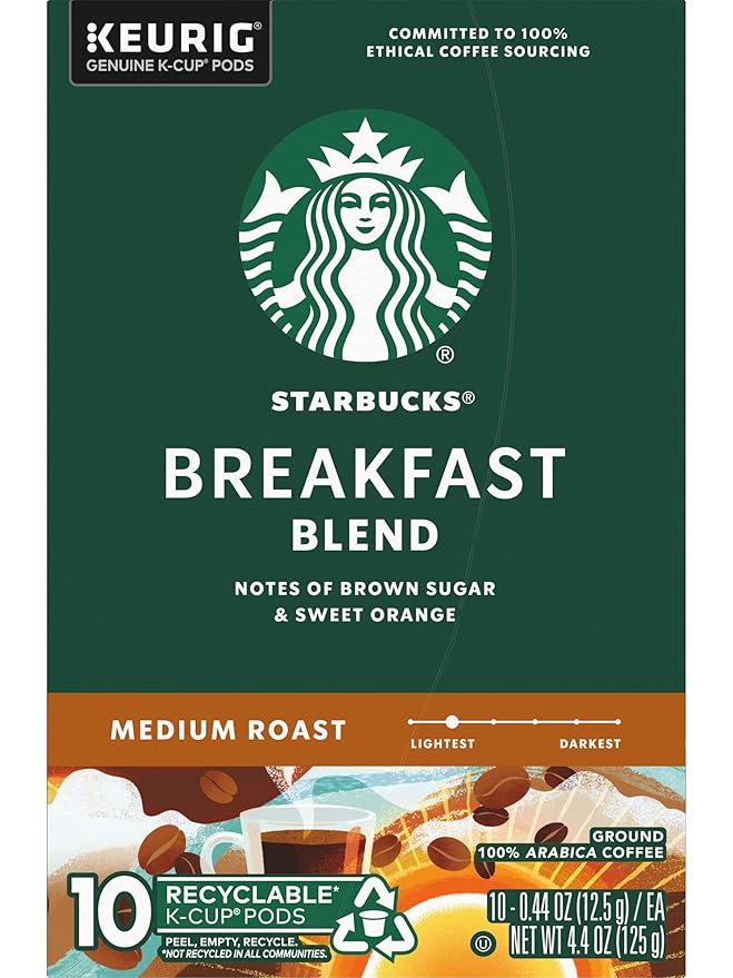 Starbucks Coffee K-Cup Pods Breakfast Blend Medium Roast Ground Coffee K-Cup Pods for Keurig Brewing System 10 CT K-Cup Pods Per Box (Pack of 3 Boxes)