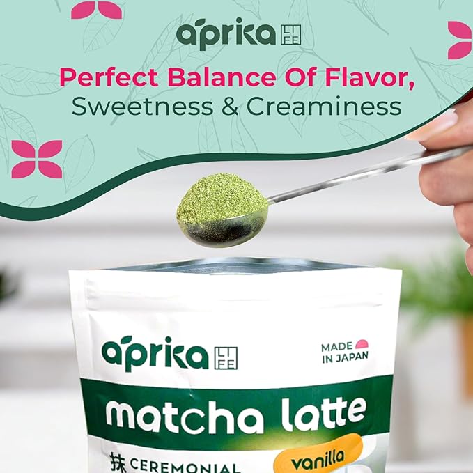 AprikaLife Matcha Latte Powder Premium Barista Crafted Mix with Natural Vanilla Flavor - Authentically Japanese - 1st Harvest Ceremonial Grade Sweet Matcha Powder Used by Coffee Shops 6.8 oz / 180g