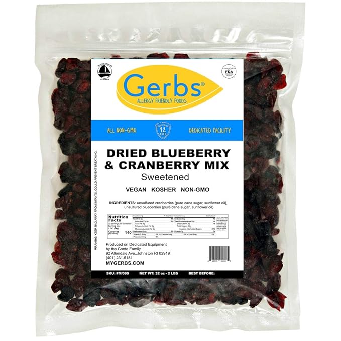Gerbs Sweetened Blueberry &amp Cranberry Dried Fruit Snack Mix 2 lbs. | Unsulfured No Preservatives Resealable Bag | Naturally Sweet &amp Chewy with Tart Berry Flavor | Top 14 Allergen-Free