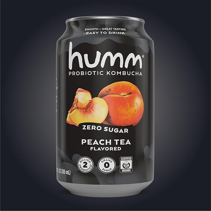 Humm Probiotic Kombucha Zero Sugar Peach Tea No Refrigeration Needed Keto Friendly Organic Vegan Gluten Free 12oz Cans (8 Pack)