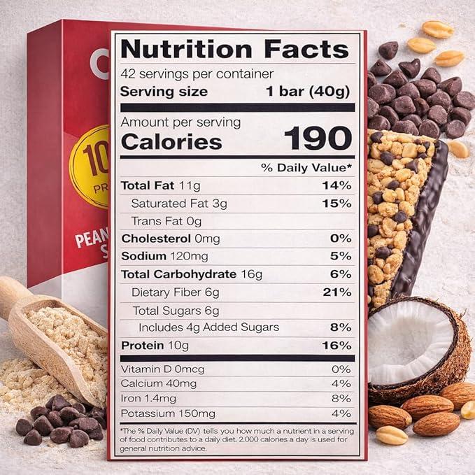 Peanut Butter &amp Chocolate Chip Protein Bars – 10g Protein per Bar Gluten Free Kosher – Soft Texture Snack Bars – 42 Count (1.41 oz Each) – Distributed by Roman Shopping – Kirkland