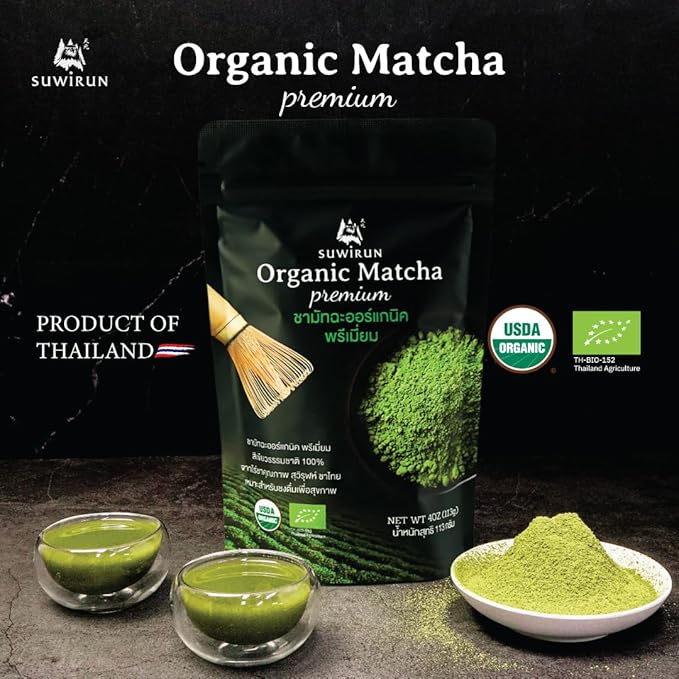 Suwirun Organic Pure Matcha Powder 4oz – Authentic Japanese Green Tea – Unsweetened Umami-Rich Superfood – Perfect for Lattes Baking &amp Smoothies