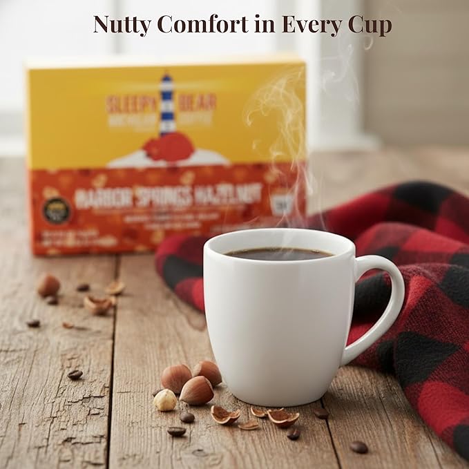 Sleepy Bear Coffee Pods Medium Roast Arabica Rich Flavor Michigan-Made Smooth &amp Sweet No Sugar Added 30ct Pods Compatible with Single-Serve Brewers (Harbor Springs Hazelnut)