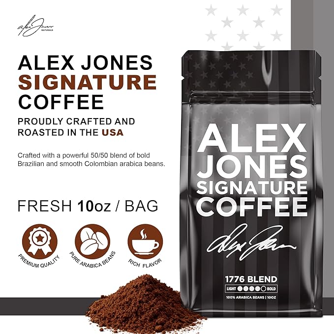 Alex Jones Naturals Organic Dark Roast Arabica Coffee - Signature 1776 Blend - Bold Smooth &amp Rich Flavor with Clean Finish – Freshly Roasted Colombian and Brazilian Coffee – 10 oz Bag