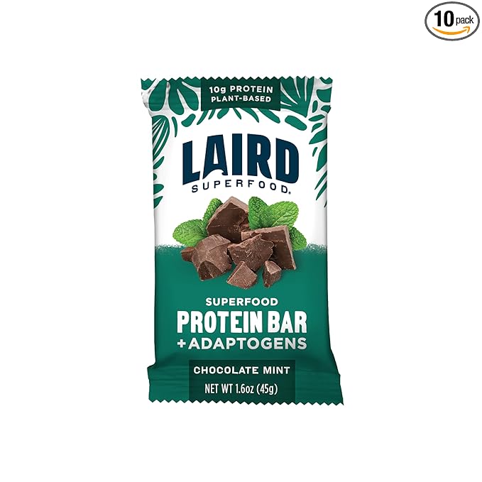 Laird Superfood Functional Protein Bars – Protein Bar but Better with Real Ingredients Functional Mushrooms 10g Plant-Based Protein 6g Fiber - Non-GMO - Mint Chocolate 10 Count (Pack of 1)