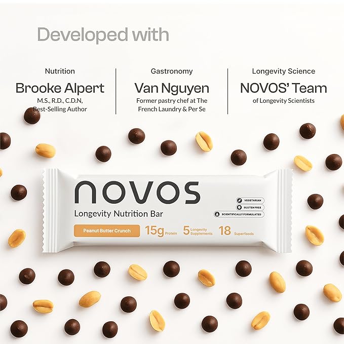 Novos Longevity Protein Bar | 15g Protein 20 Superfoods 5 Longevity Ingredients for Men &amp Women | Supports Skin Mind &amp Mood | Peanut Butter (12-Pack)