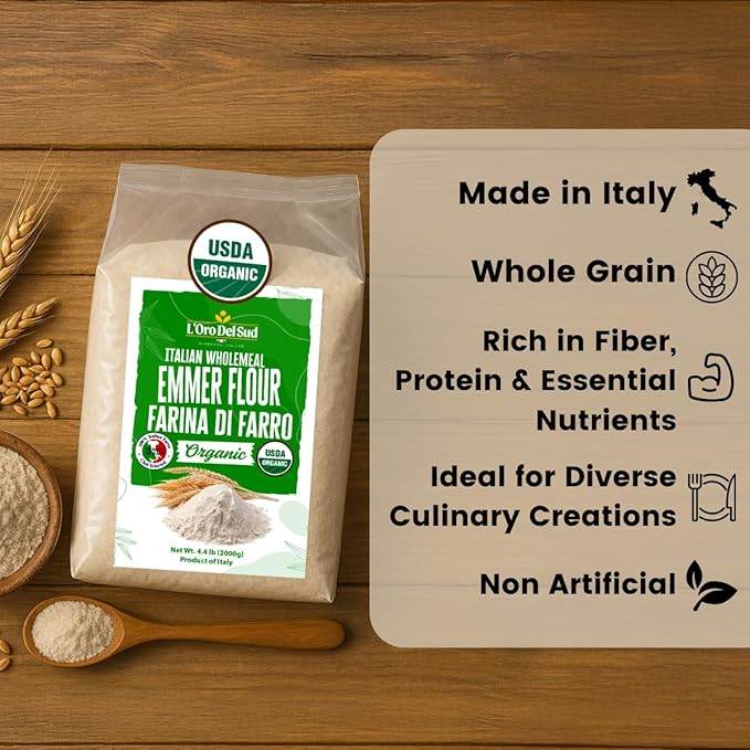 L’Oro Del Sud Organic Farro (Emmer) Flour – 4.4 lb (2 kg) Stone-Ground Ancient Grain Flour from Italy All-Purpose High Fiber Non-GMO