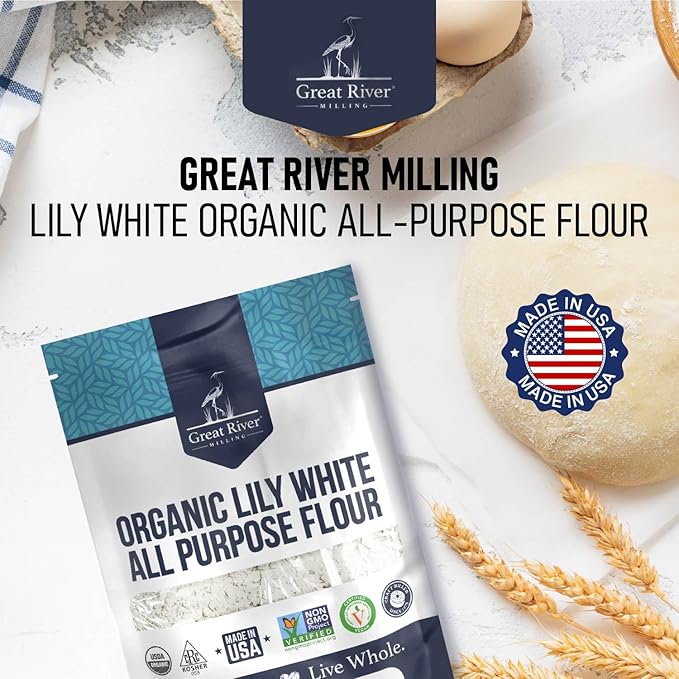 Great River Milling Lily White Organic All-Purpose Flour | Unbleached &amp Unbromated | Non-GMO Kosher | Ideal for Bread Cookies Cakes Pizza Dough &amp Everyday Baking | 5 Lb