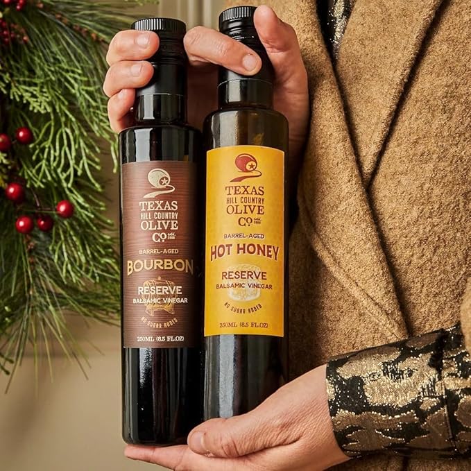 Bourbon Reserve Balsamic Vinegar - Gourmet Barrel Aged Infused Balsamic Vinegar - Great for Dressing Dipping Glazing - No Artificial Flavors or Added Sugar - Made in Texas (8.5 oz)
