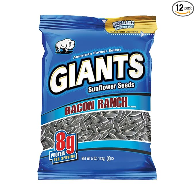 Giants Bacon Ranch Sunflower Seeds Bulk - Flavored Sunflower Seed Snack Roasted Sunflower Seeds to Eat - 5 oz Resealable Bags (Pack of 12)