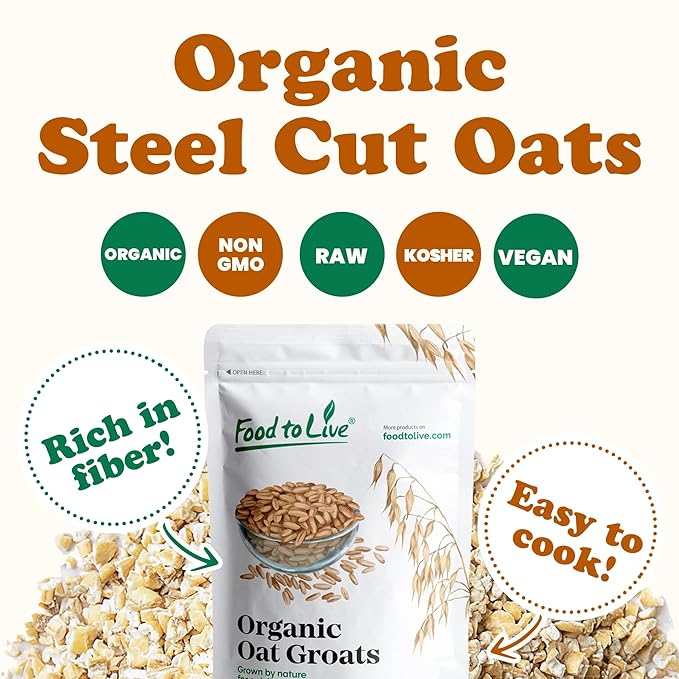 Food to Live Organic Steel Cut Oats 6 Pounds — 100% Whole Grain Irish Oats Quick Cooking Oatmeal Non-GMO Cereal Non-Irradiated Vegan Bulk Product of the USA